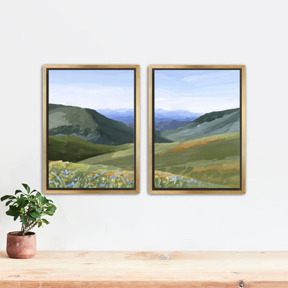 ’Mountain Town’ Diptych Art Print || Set of 2 - Stretched Canvas / 8x10 in / Gold Frame - ’sun valley’ - abstract