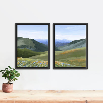 ’Mountain Town’ Diptych Art Print || Set of 2 - Stretched Canvas / 8x10 in / Black Frame - ’sun valley’ - abstract