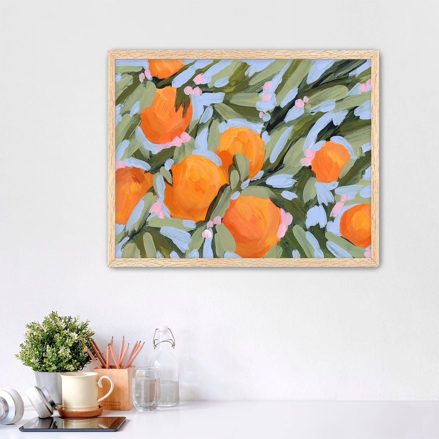 ’Oranges and Blossoms’ Art Print - Paper / 5x7 in / Oak Frame - Citrus Fruit Botanical Wall - botanical - citrus