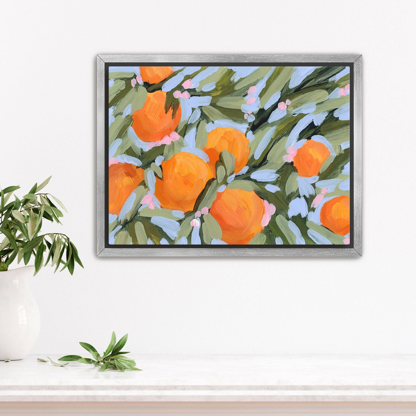 ’Oranges and Blossoms’ Art Print - Stretched Canvas / 8x10 in / Silver Frame - Citrus Fruit Botanical Wall