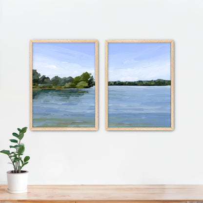’Over the Water’ Diptych Art Print || Set of 2 - Paper / 5x7 in / Oak Frame - abstract - Artwork - Lake