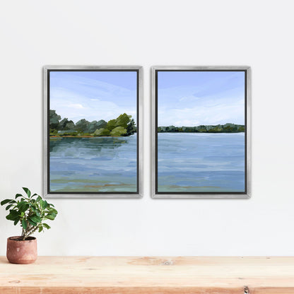 ’Over the Water’ Diptych Art Print || Set of 2 - Stretched Canvas / 8x10 in / Silver Frame - abstract - Artwork - Lake