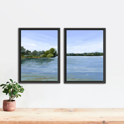 ’Over the Water’ Diptych Art Print || Set of 2 - Stretched Canvas / 8x10 in / Black Frame - abstract - Artwork - Lake