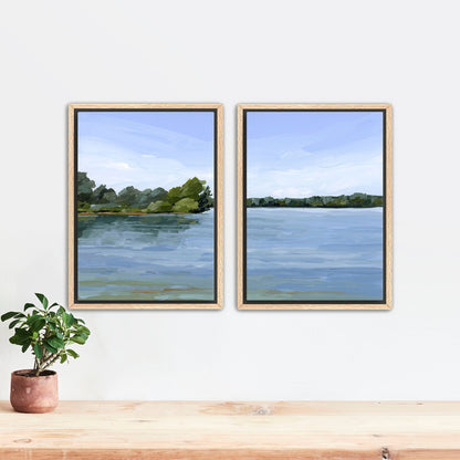 ’Over the Water’ Diptych Art Print || Set of 2 - Stretched Canvas / 8x10 in / Oak Frame - abstract - Artwork - Lake