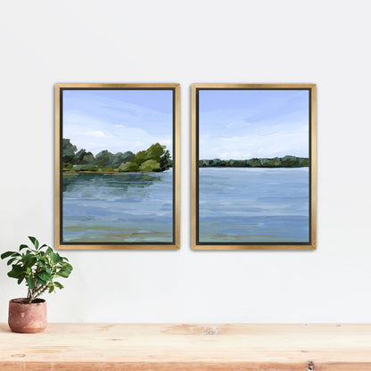 ’Over the Water’ Diptych Art Print || Set of 2 - Stretched Canvas / 8x10 in / Gold Frame - abstract - Artwork - Lake