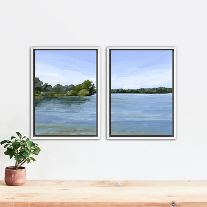 ’Over the Water’ Diptych Art Print || Set of 2 - Stretched Canvas / 8x10 in / White Frame - abstract - Artwork - Lake