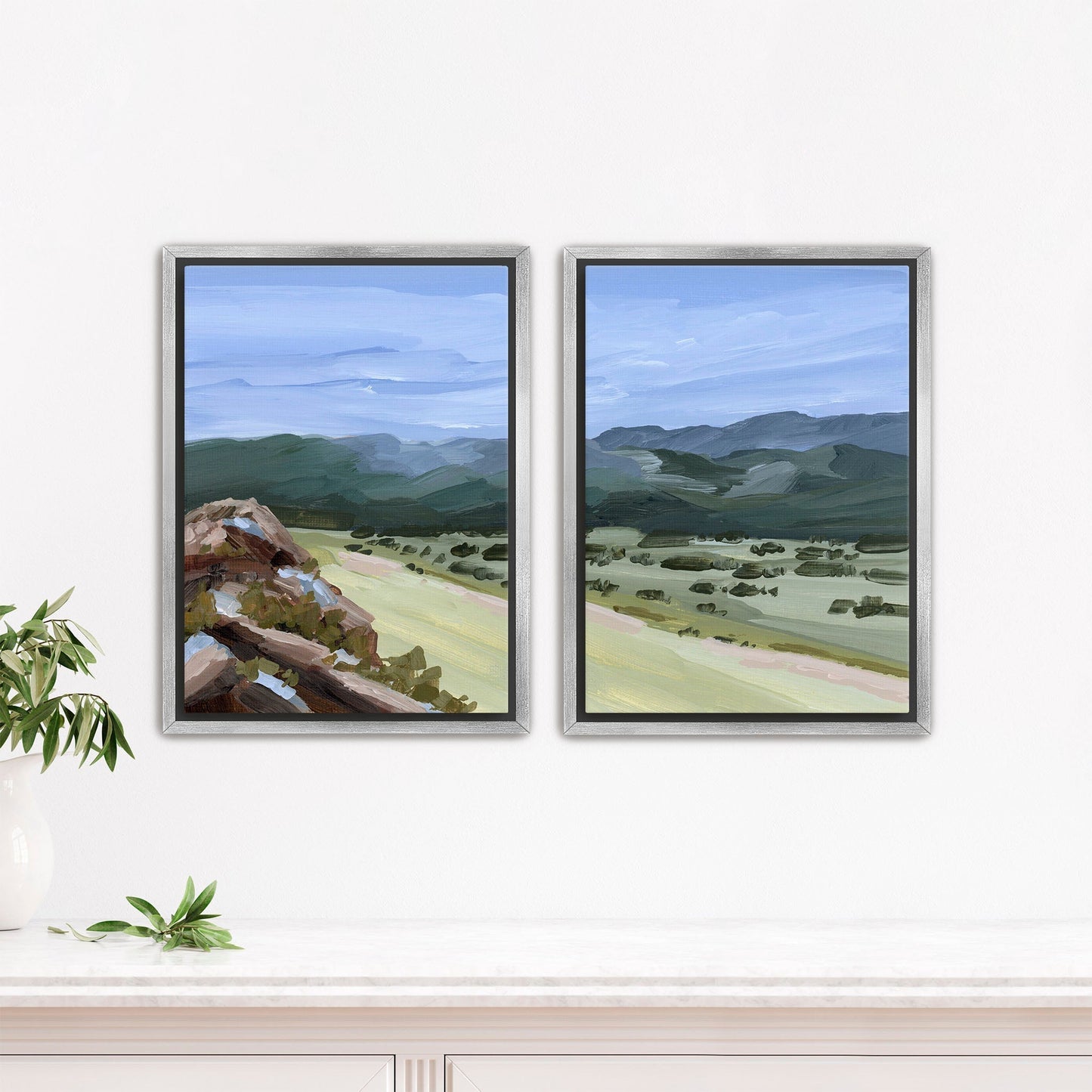 ’Overlook’ Diptych Art Print || Set of 2 - Stretched Canvas / 8x10 in / Silver Frame - abstract - Artwork - Landscape