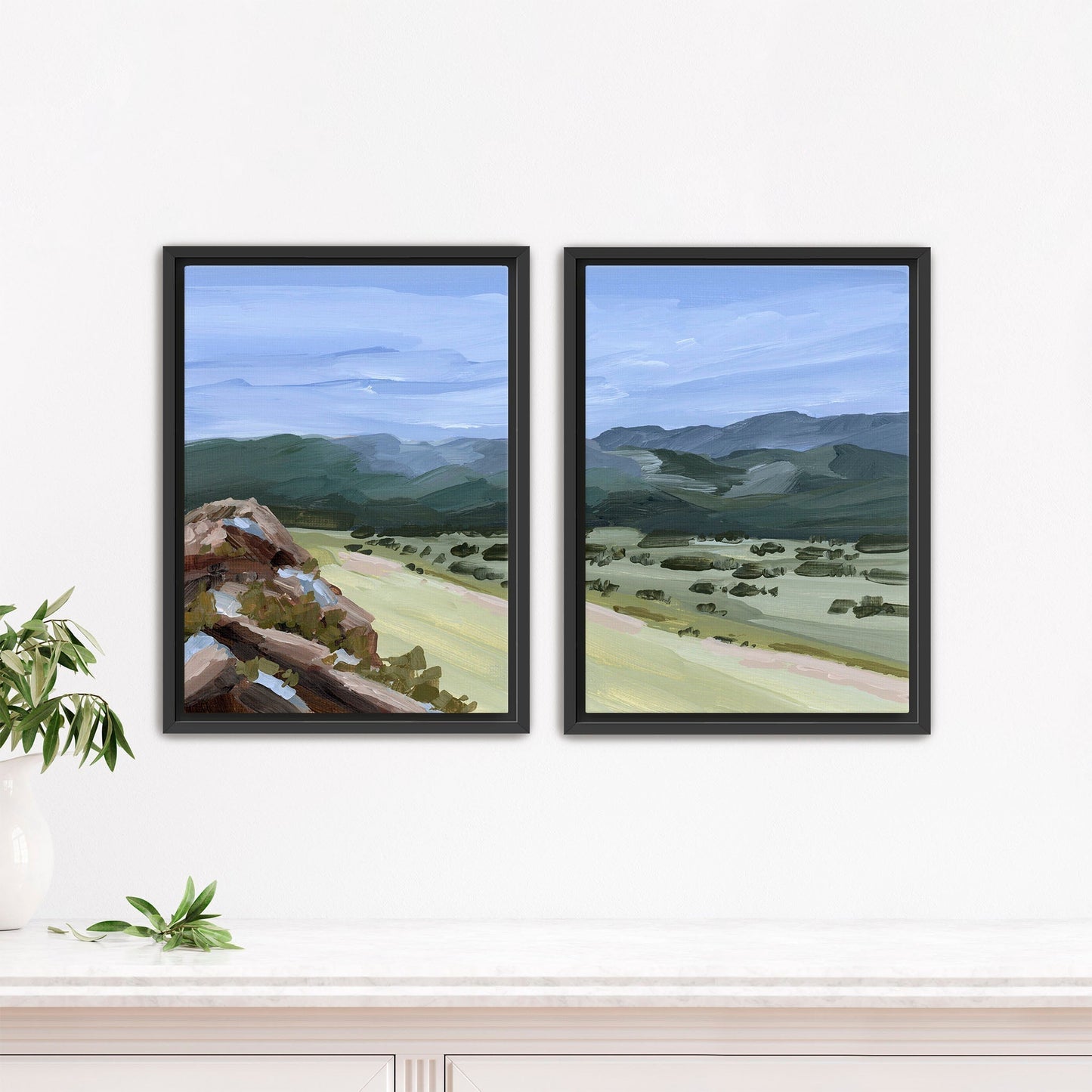 ’Overlook’ Diptych Art Print || Set of 2 - Stretched Canvas / 8x10 in / Black Frame - abstract - Artwork - Landscape