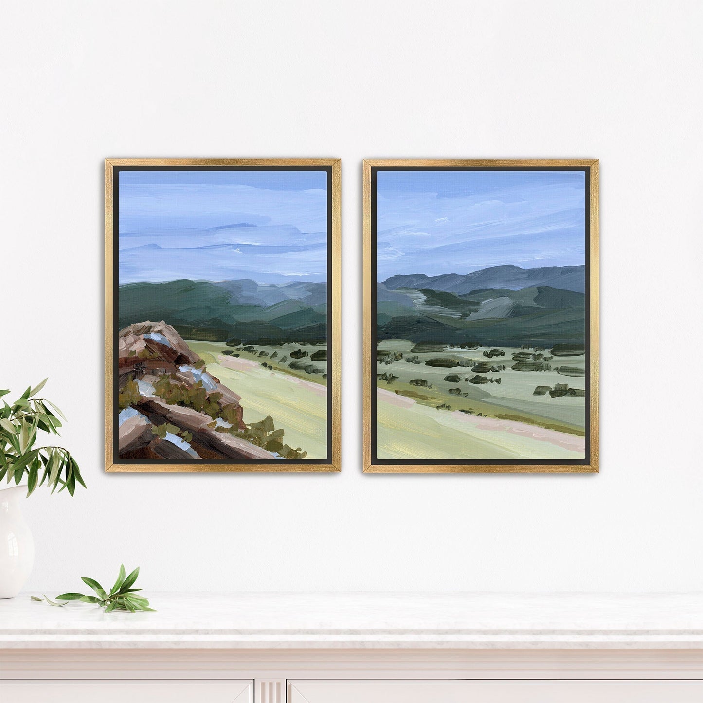 ’Overlook’ Diptych Art Print || Set of 2 - Stretched Canvas / 8x10 in / Gold Frame - abstract - Artwork - Landscape