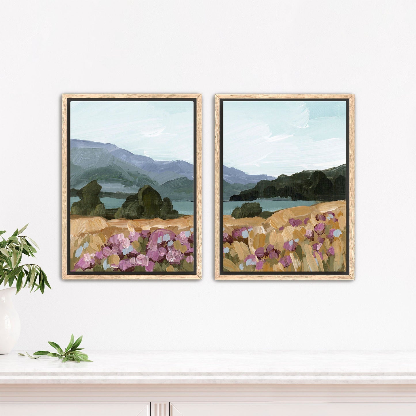 ’Paradise’ Diptych Art Print || Set of 2 - Stretched Canvas / 8x10 in / Oak Frame - abstract - Artwork - Lake