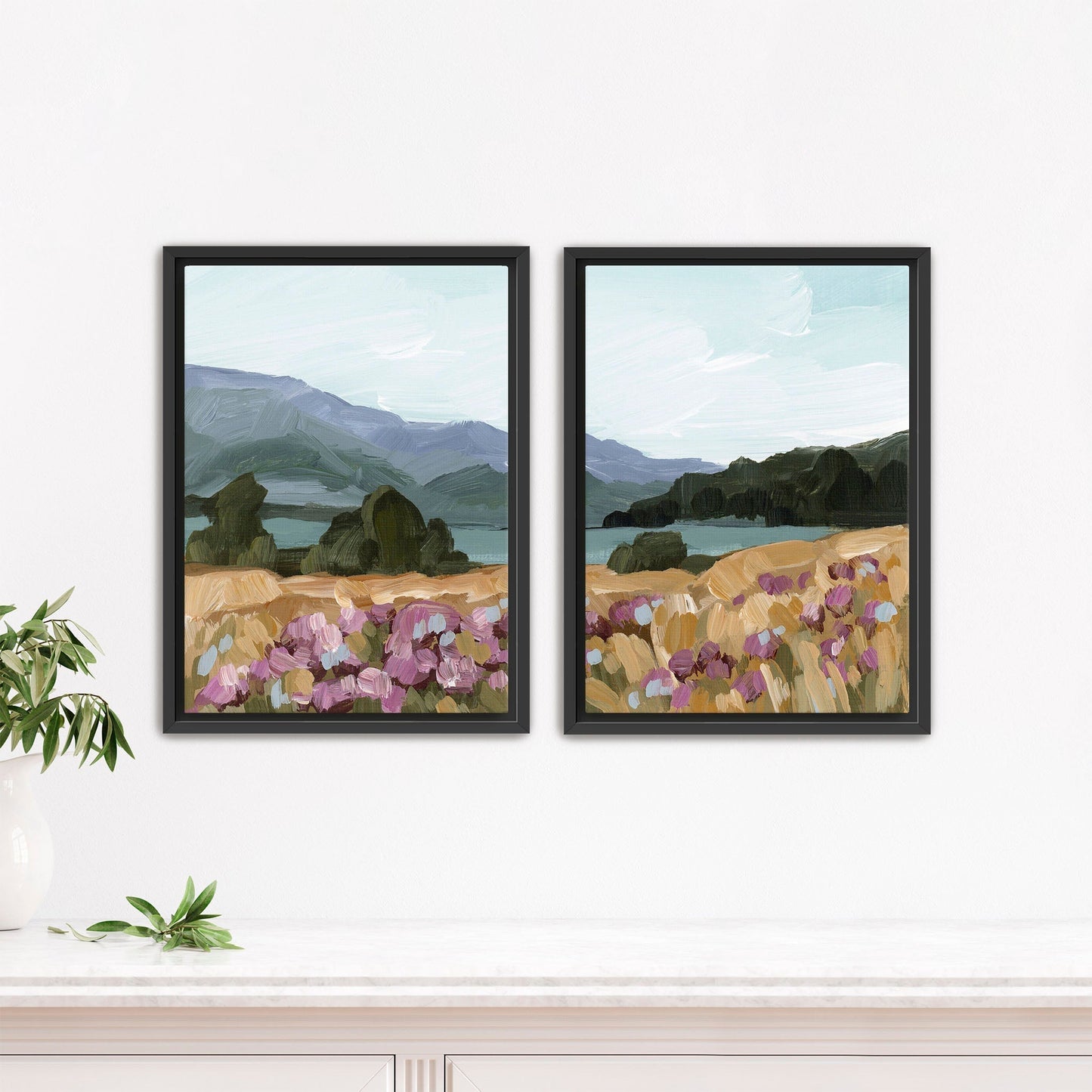 ’Paradise’ Diptych Art Print || Set of 2 - Stretched Canvas / 8x10 in / Black Frame - abstract - Artwork - Lake