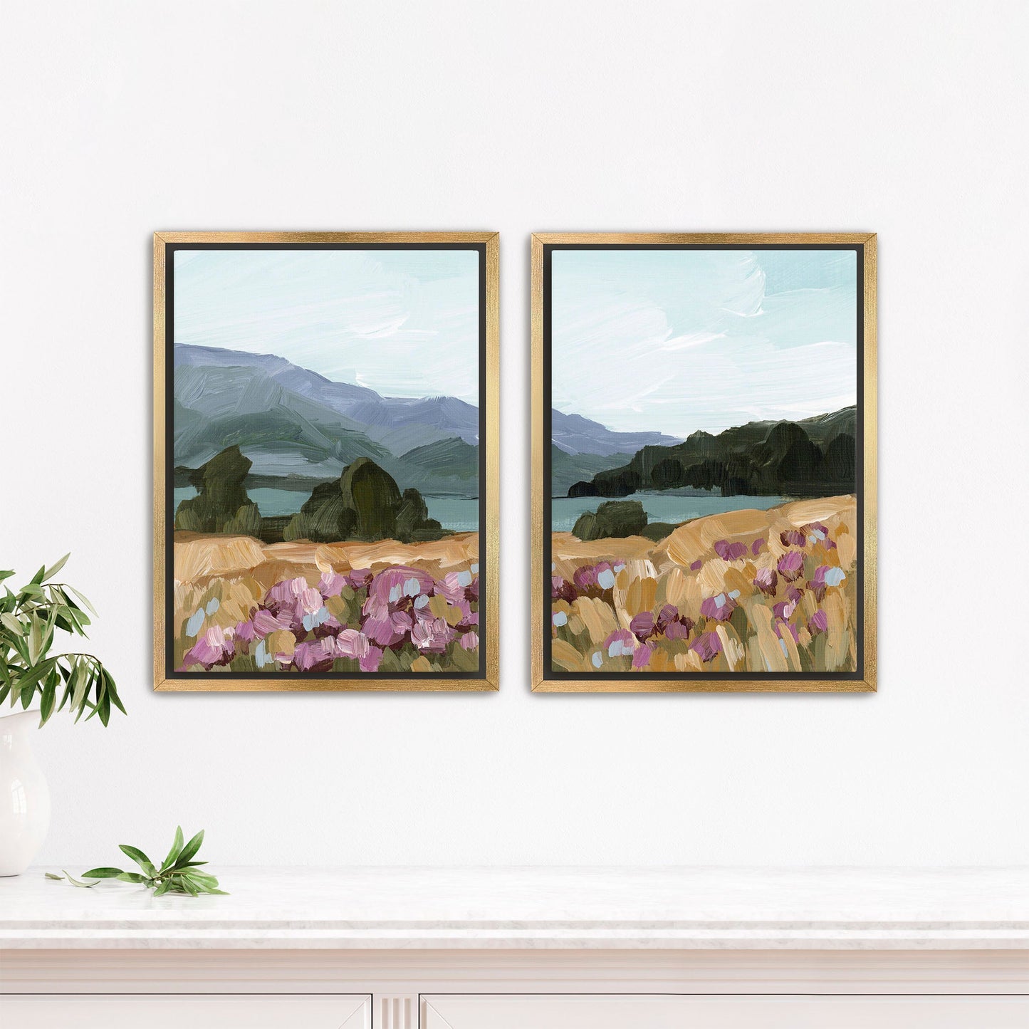 ’Paradise’ Diptych Art Print || Set of 2 - Stretched Canvas / 8x10 in / Gold Frame - abstract - Artwork - Lake