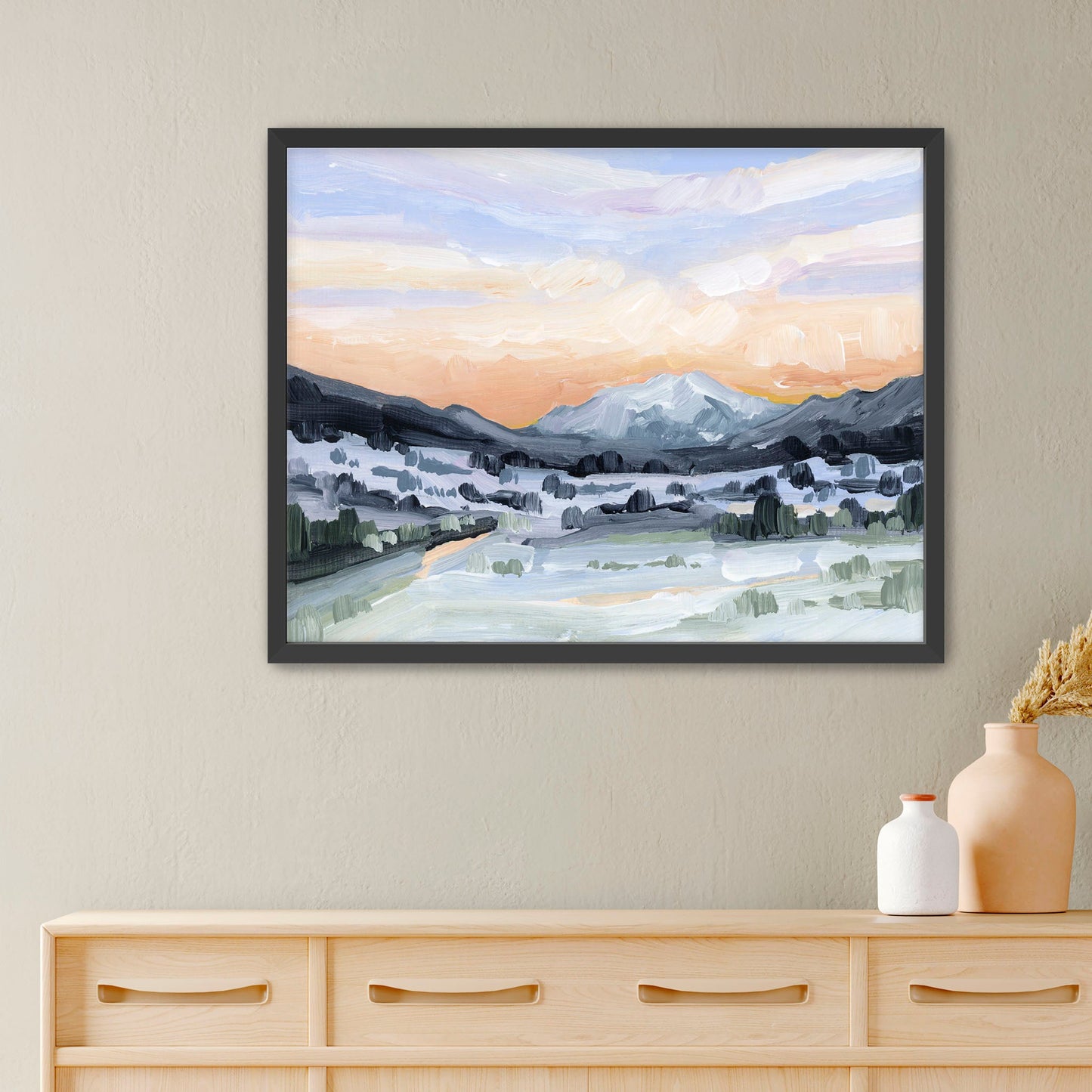 ’Peach Skies’ Art Print - Paper / 5x7 in / Black Frame - Abstract Mountain Sunset Wall - abstract - Artwork