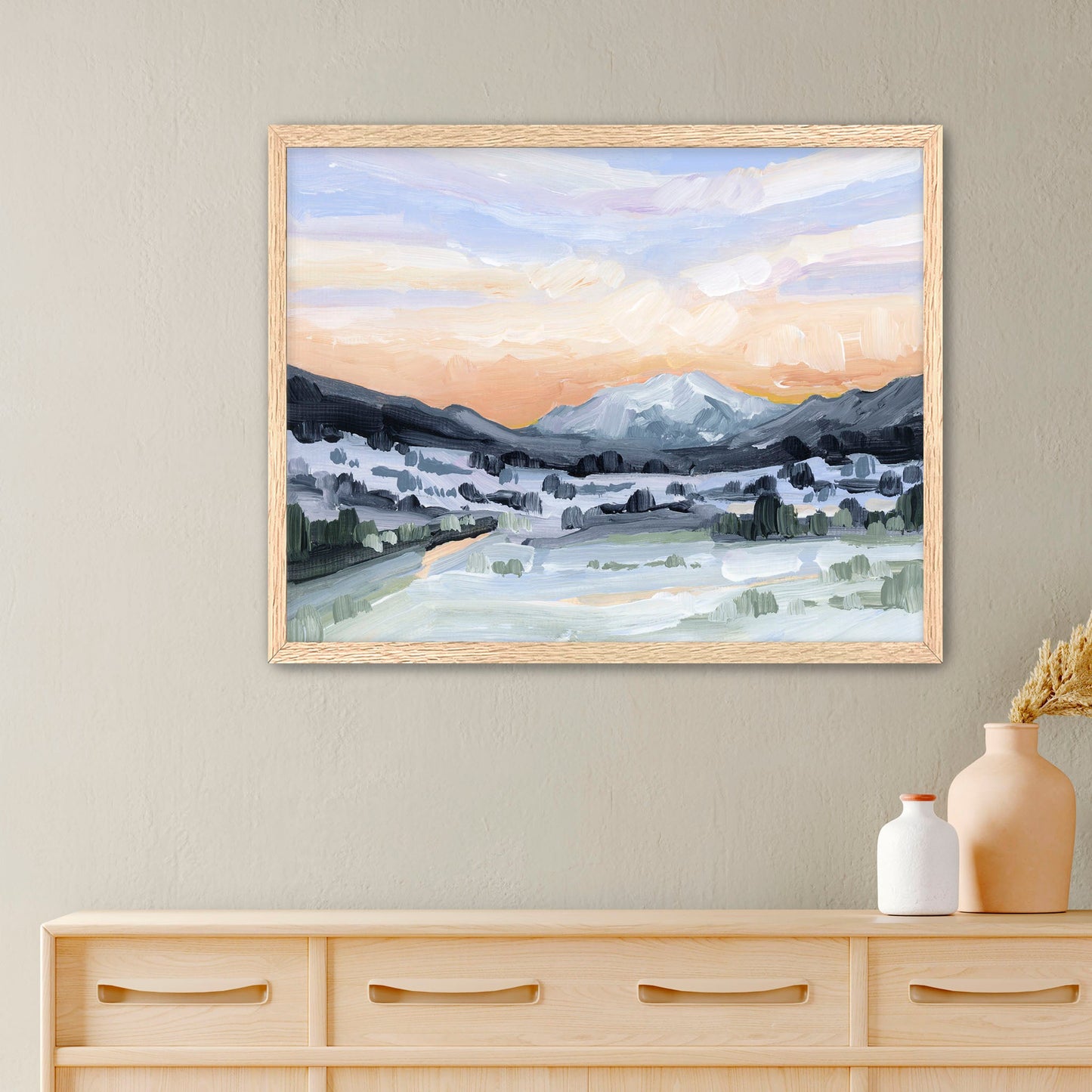 ’Peach Skies’ Art Print - Paper / 5x7 in / Oak Frame - Abstract Mountain Sunset Wall - abstract - Artwork