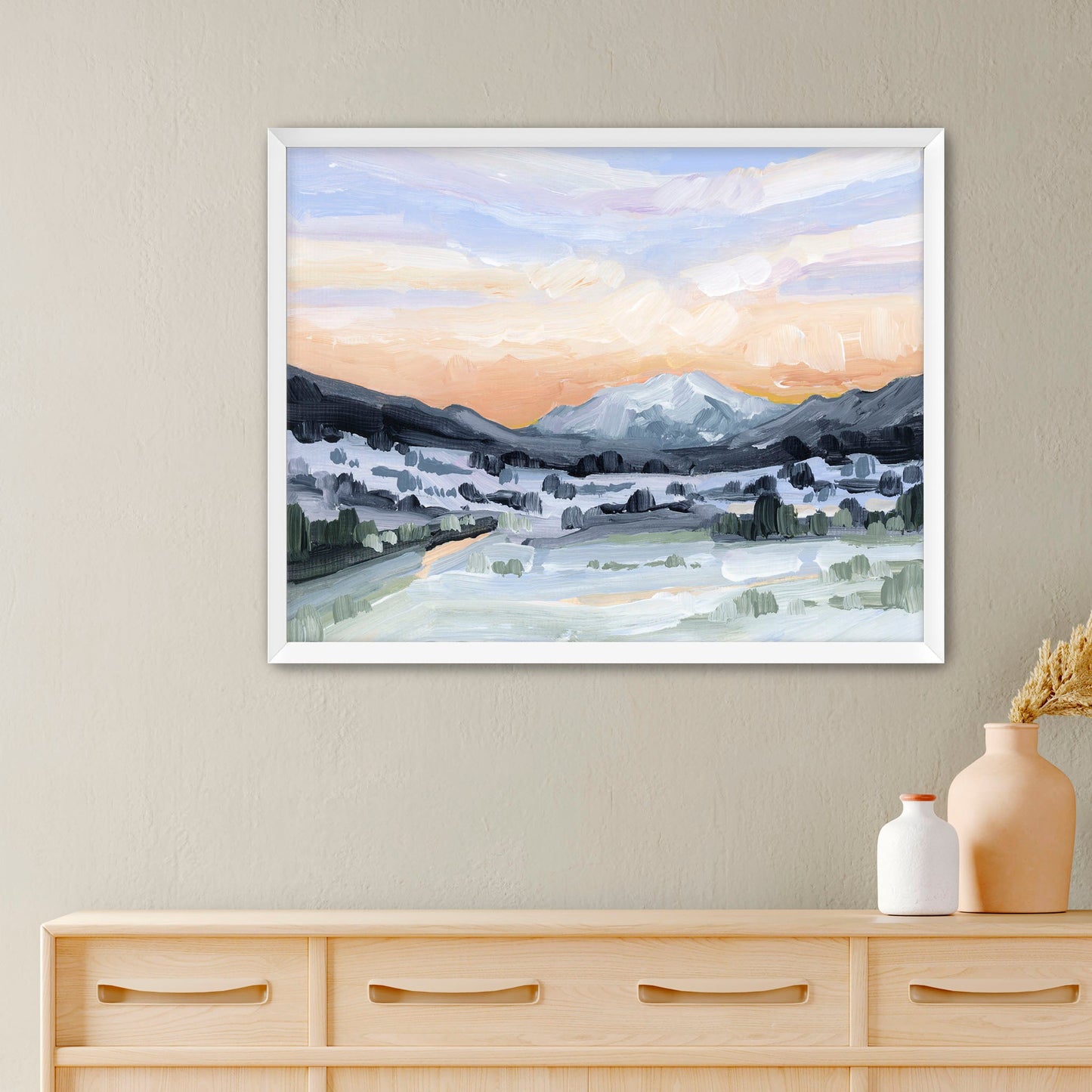 ’Peach Skies’ Art Print - Paper / 5x7 in / White Frame - Abstract Mountain Sunset Wall - abstract - Artwork