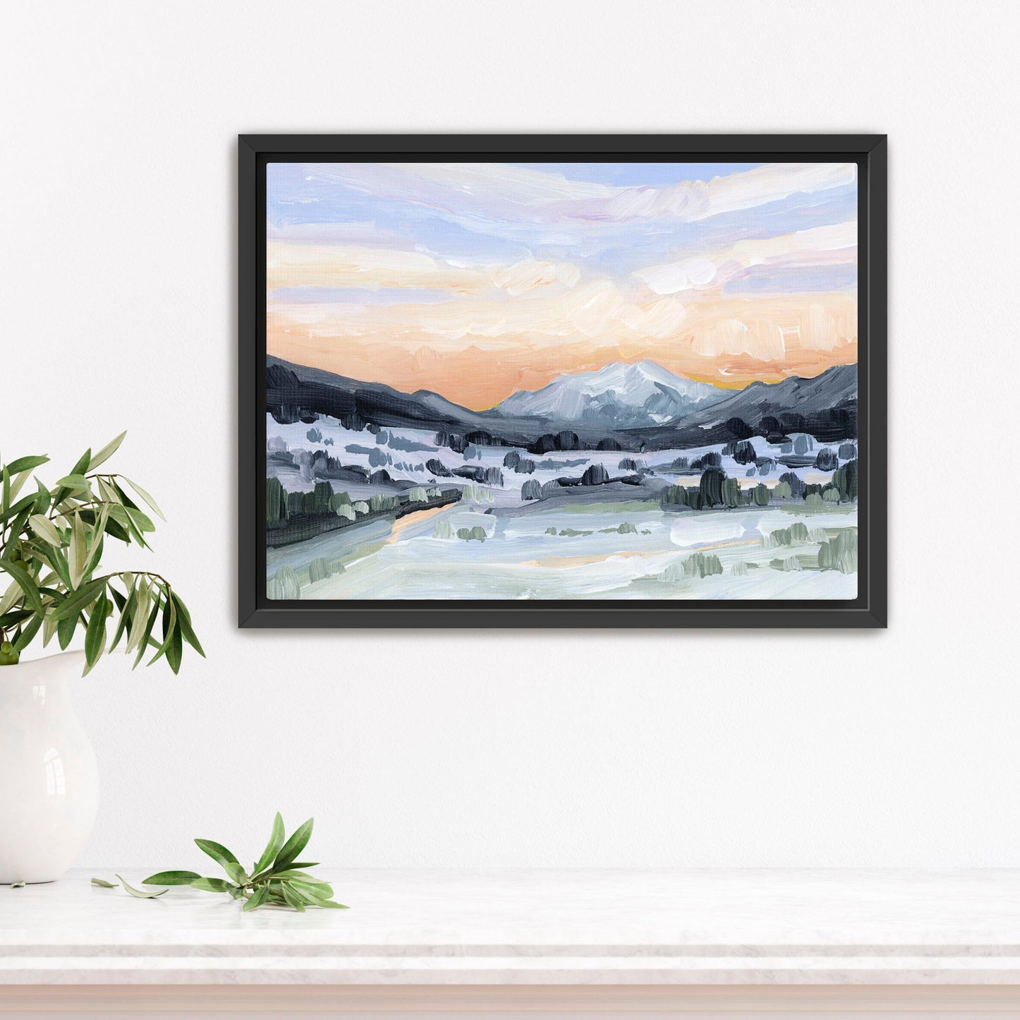 ’Peach Skies’ Art Print - Stretched Canvas / 8x10 in / Black Frame - Abstract Mountain Sunset Wall - abstract