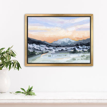 ’Peach Skies’ Art Print - Stretched Canvas / 8x10 in / Gold Frame - Abstract Mountain Sunset Wall - abstract