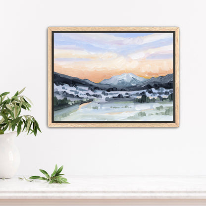 ’Peach Skies’ Art Print - Stretched Canvas / 8x10 in / Oak Frame - Abstract Mountain Sunset Wall - abstract