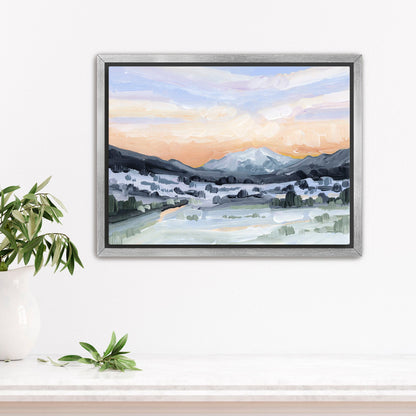 ’Peach Skies’ Art Print - Stretched Canvas / 8x10 in / Silver Frame - Abstract Mountain Sunset Wall - abstract