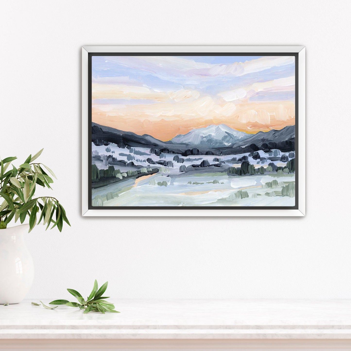 ’Peach Skies’ Art Print - Stretched Canvas / 8x10 in / White Frame - Abstract Mountain Sunset Wall - abstract