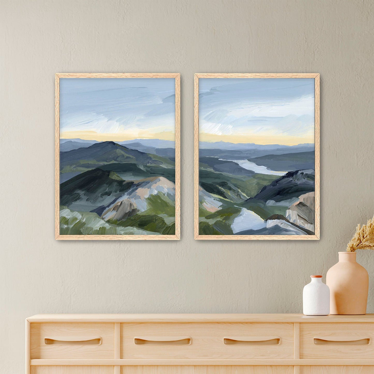 ’Peaks and Valleys I’ Diptych Art Print || Set of 2 - Paper / 5x7 in / Oak Frame - abstract - Artwork - Landscape