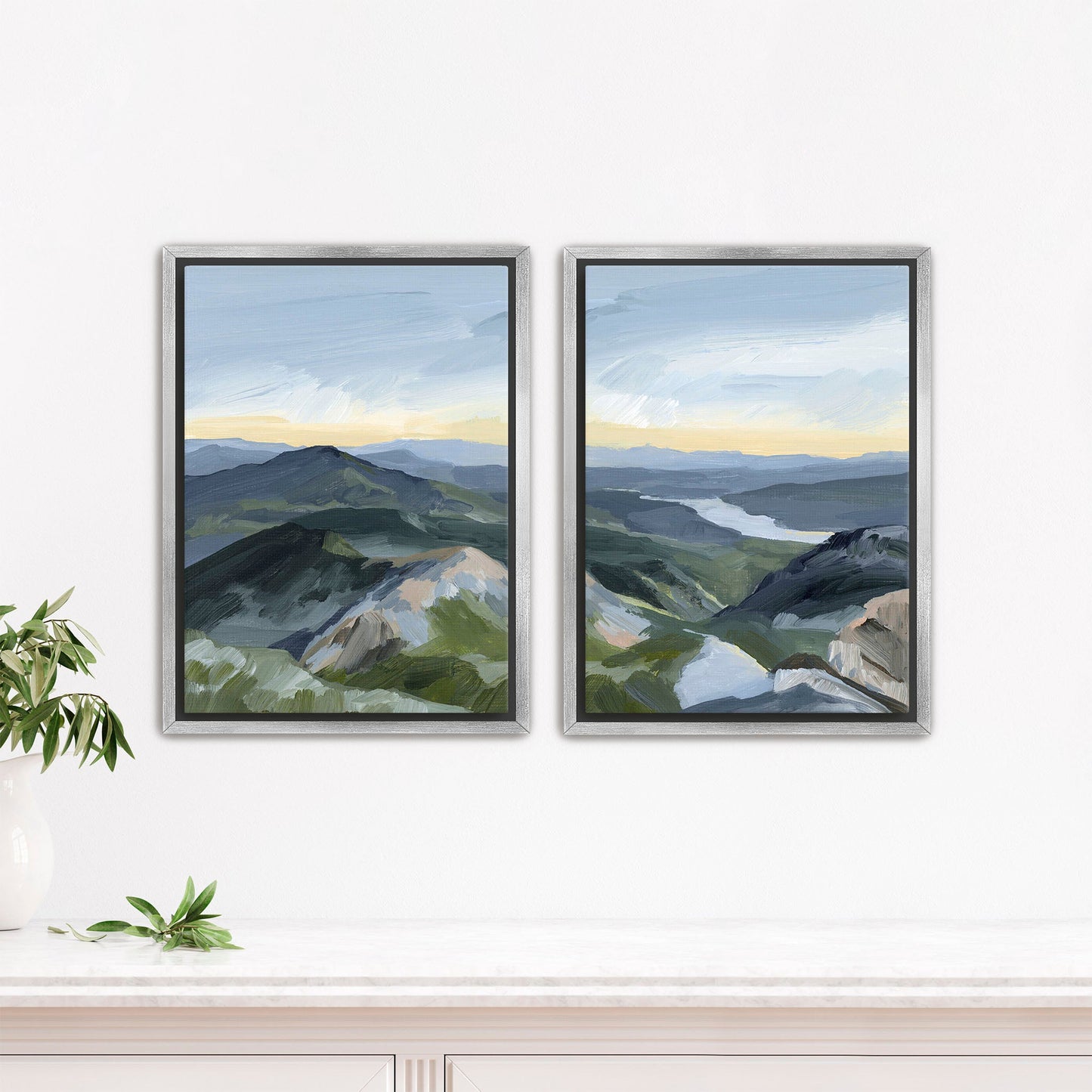 ’Peaks and Valleys I’ Diptych Art Print || Set of 2 - Stretched Canvas / 8x10 in / Silver Frame - abstract