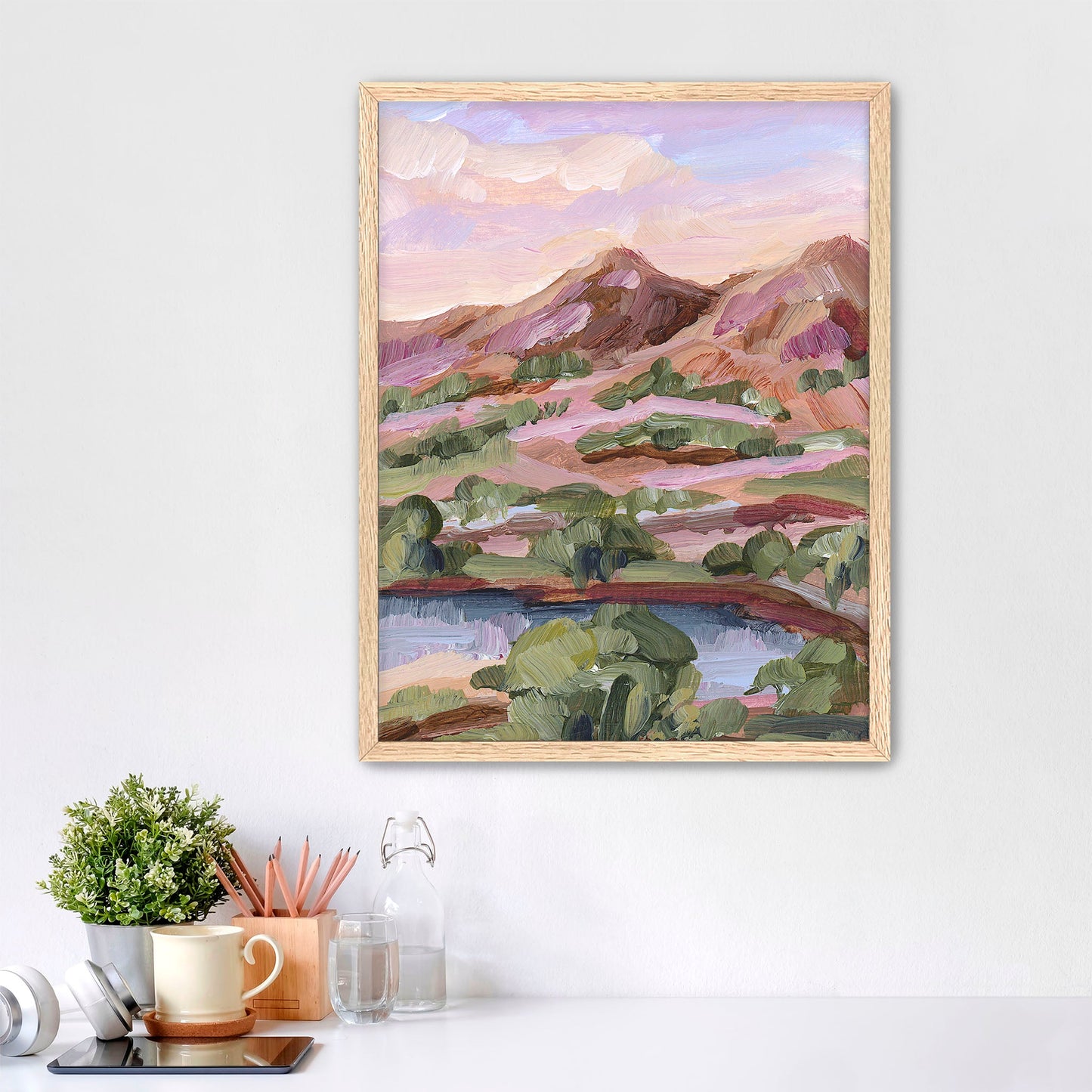 ’Phoenix Sunset’ Art Print - Paper / 5x7 in / Oak Frame - Arizona Desert Landscape - Artwork - Lake