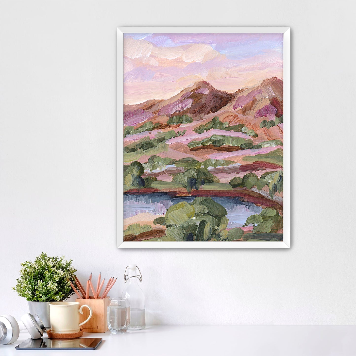 ’Phoenix Sunset’ Art Print - Paper / 5x7 in / White Frame - Arizona Desert Landscape - Artwork - Lake