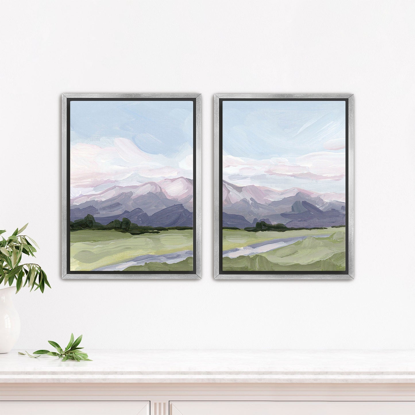 ’Purple Peak’ Diptych Art Print || Set of 2 - Stretched Canvas / 8x10 in / Silver Frame - abstract - Artwork