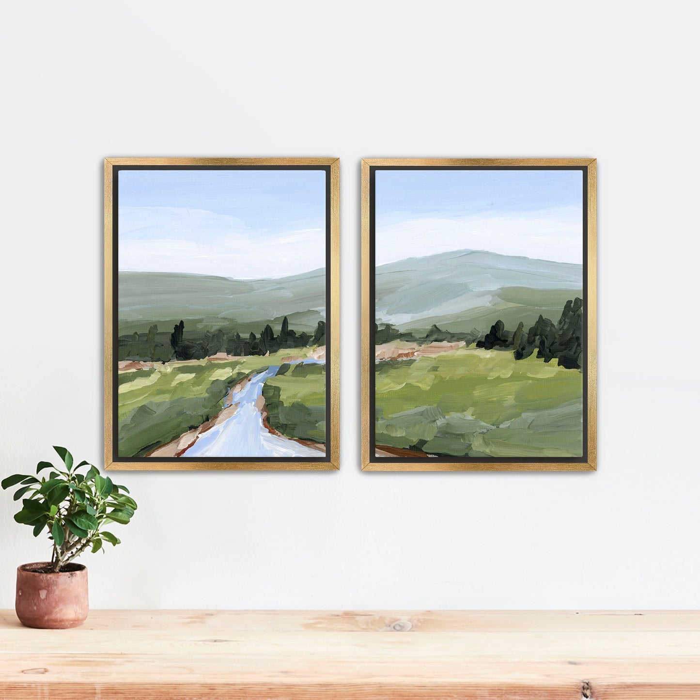 ’River Walk’ Diptych Art Print || Set of 2 Stretched Canvas / 8x10 in / Gold Frame abstract Artwork Colorado