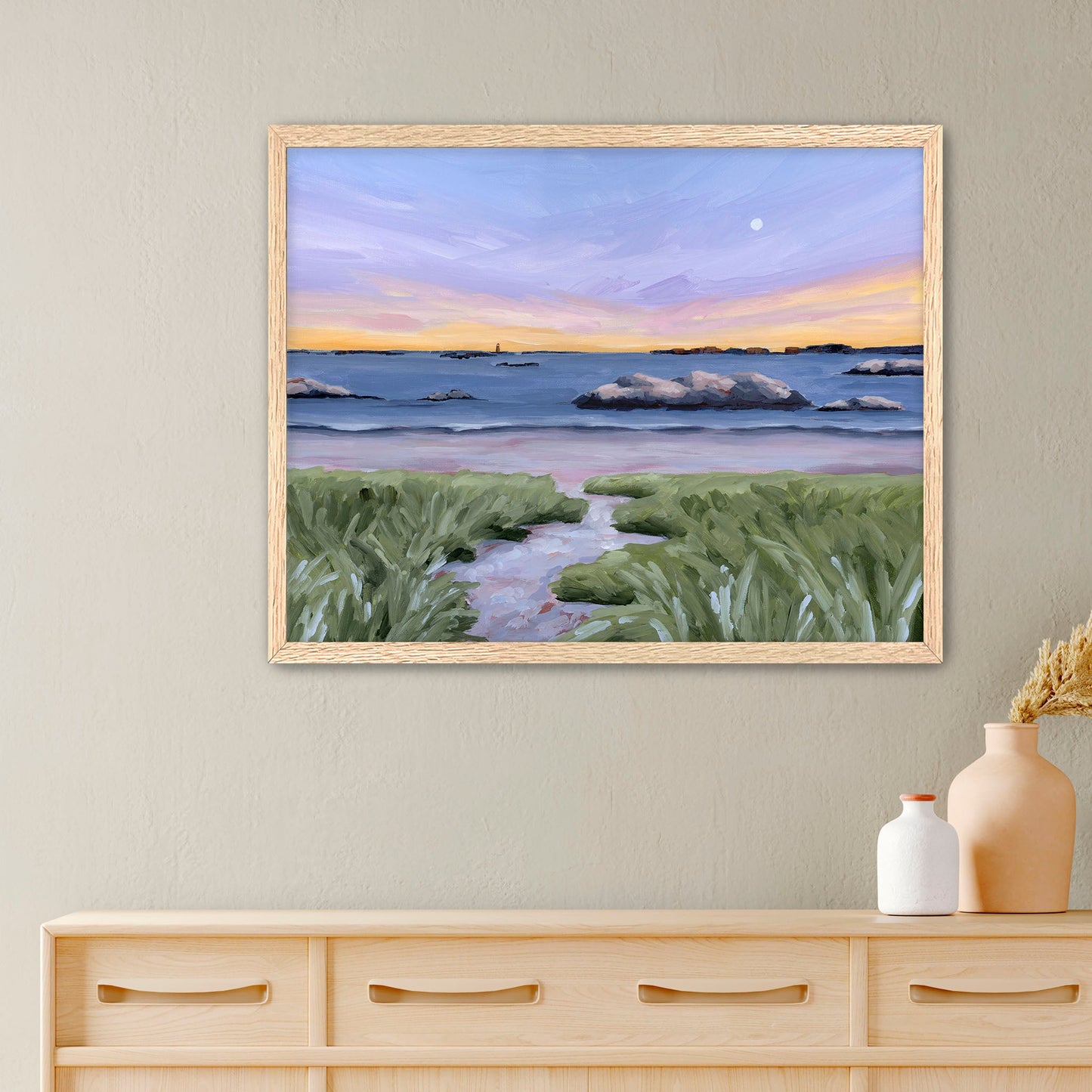 ’Sandy Cove’ Art Print - Paper / 5x7 in / Oak Frame - New England Wall - Artwork - Beach - coast - Coastal