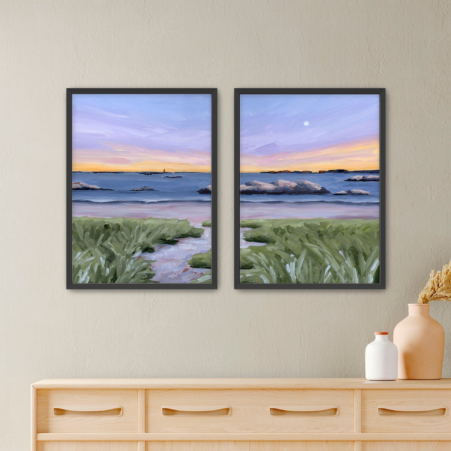 ’Sandy Cove’ Diptych Art Print || Set of 2 - Paper / 5x7 in / Black Frame - abstract - Artwork - Beach - coast