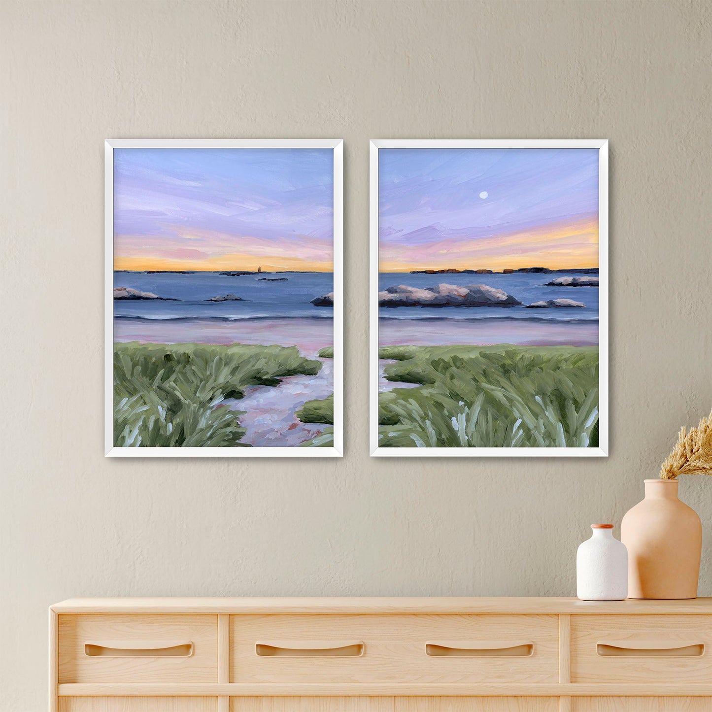 ’Sandy Cove’ Diptych Art Print || Set of 2 - Paper / 5x7 in / White Frame - abstract - Artwork - Beach - coast