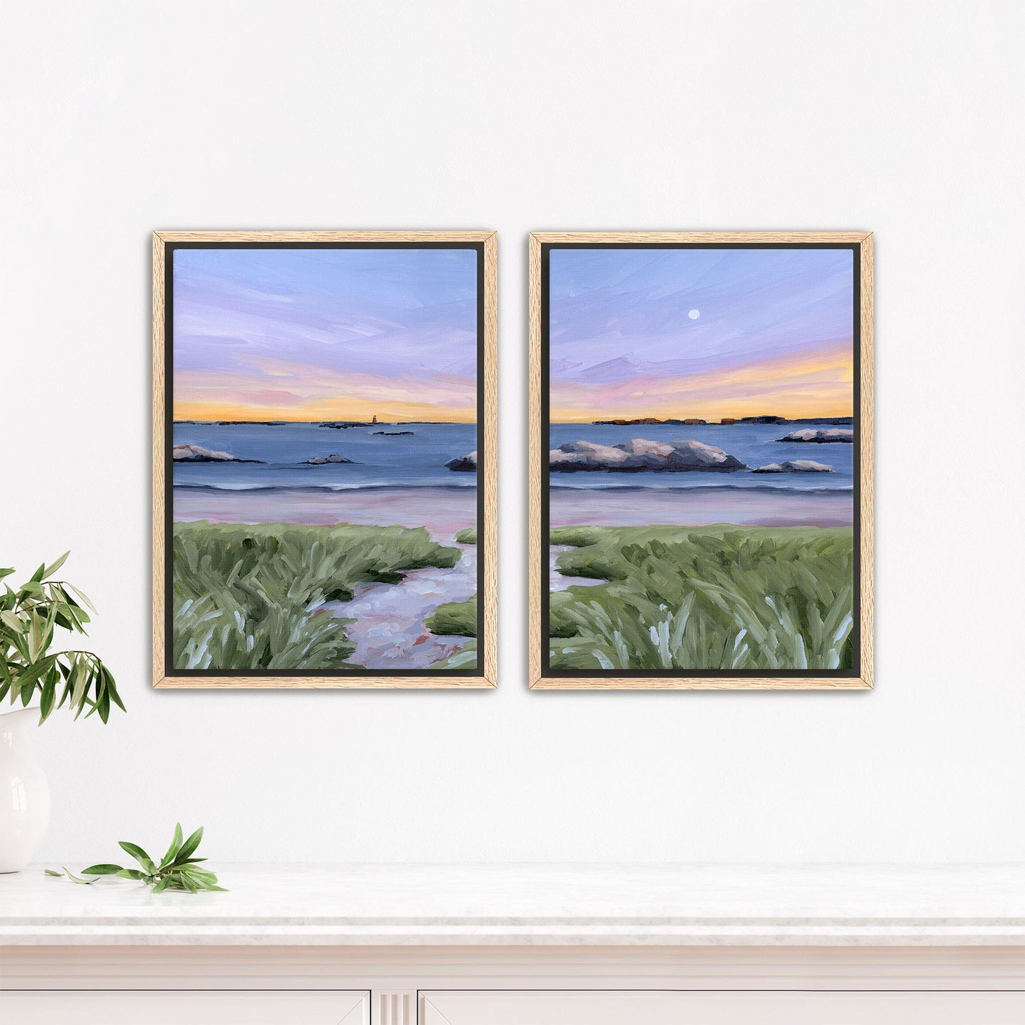 ’Sandy Cove’ Diptych Art Print || Set of 2 - Stretched Canvas / 8x10 in / Oak Frame - abstract - Artwork - Beach - coast