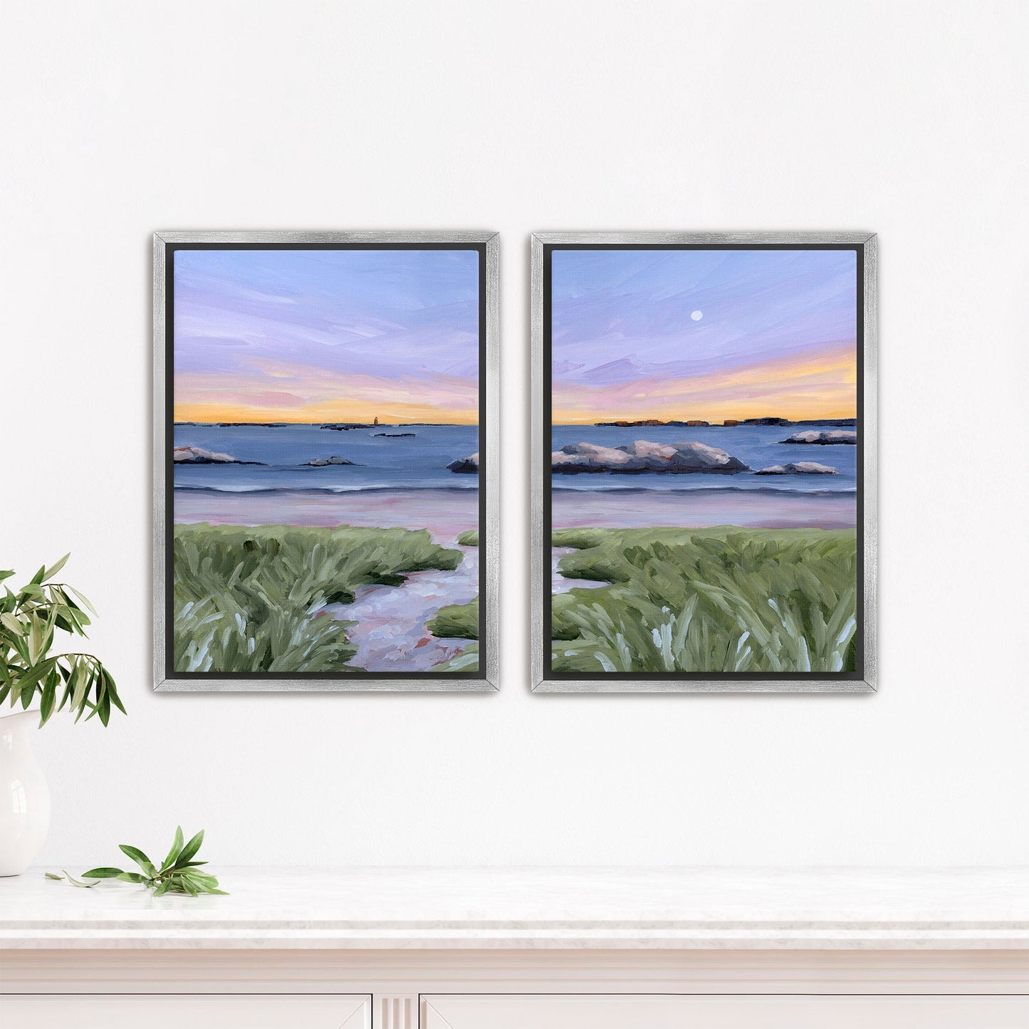 ’Sandy Cove’ Diptych Art Print || Set of 2 - Stretched Canvas / 8x10 in / Silver Frame - abstract - Artwork - Beach