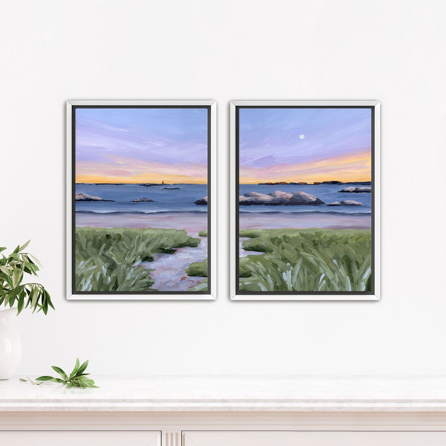 ’Sandy Cove’ Diptych Art Print || Set of 2 - Stretched Canvas / 8x10 in / White Frame - abstract - Artwork - Beach