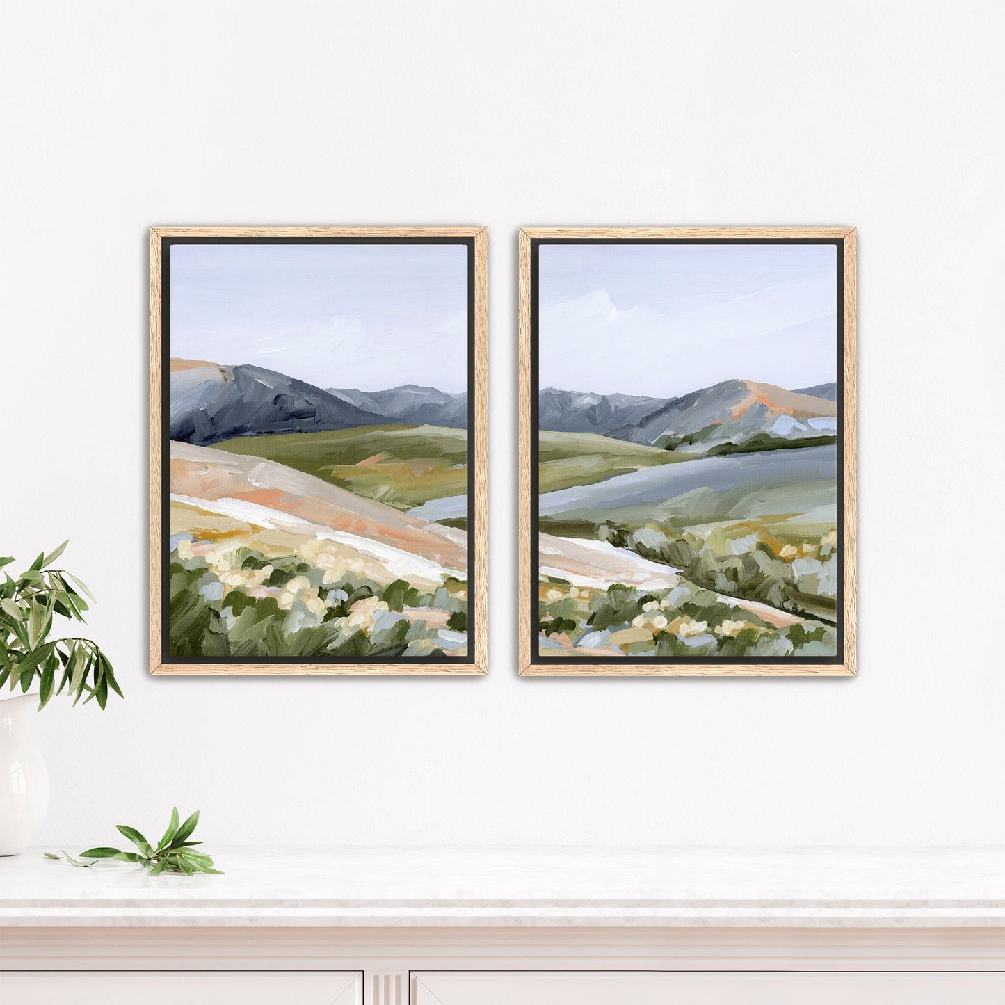 ’Seasons Mingling’ Diptych Art Print || Set of 2 - Stretched Canvas / 8x10 in / Oak Frame - abstract - Artwork