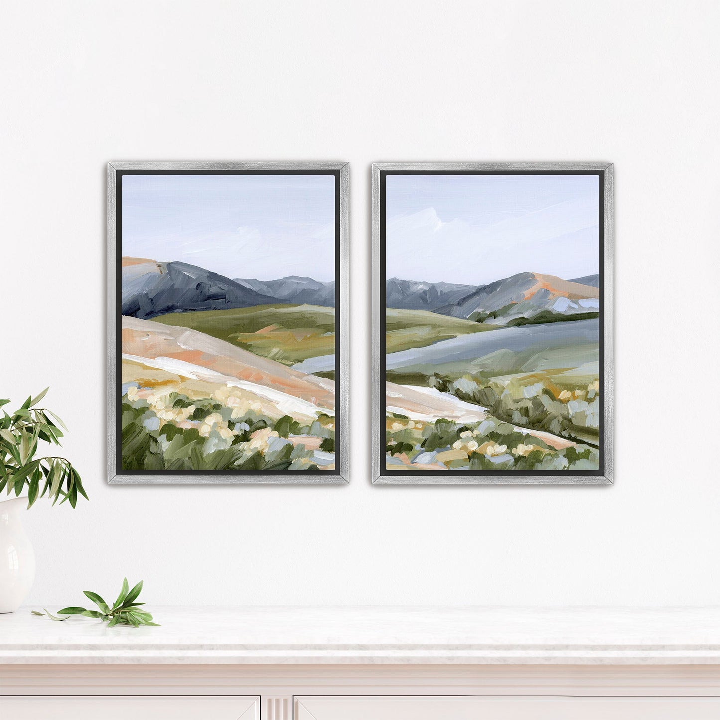 ’Seasons Mingling’ Diptych Art Print || Set of 2 - Stretched Canvas / 8x10 in / Silver Frame - abstract - Artwork