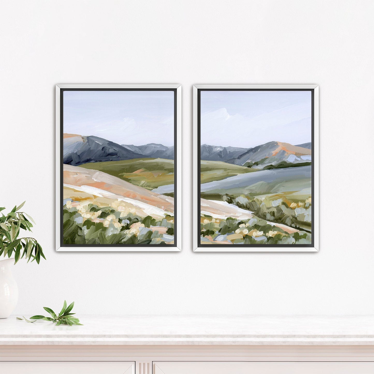 ’Seasons Mingling’ Diptych Art Print || Set of 2 - Stretched Canvas / 8x10 in / White Frame - abstract - Artwork