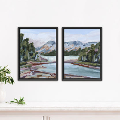 ’Skipping Rocks’ Diptych Art Print || Set of 2 - Stretched Canvas / 8x10 in / Black Frame - abstract - Artwork