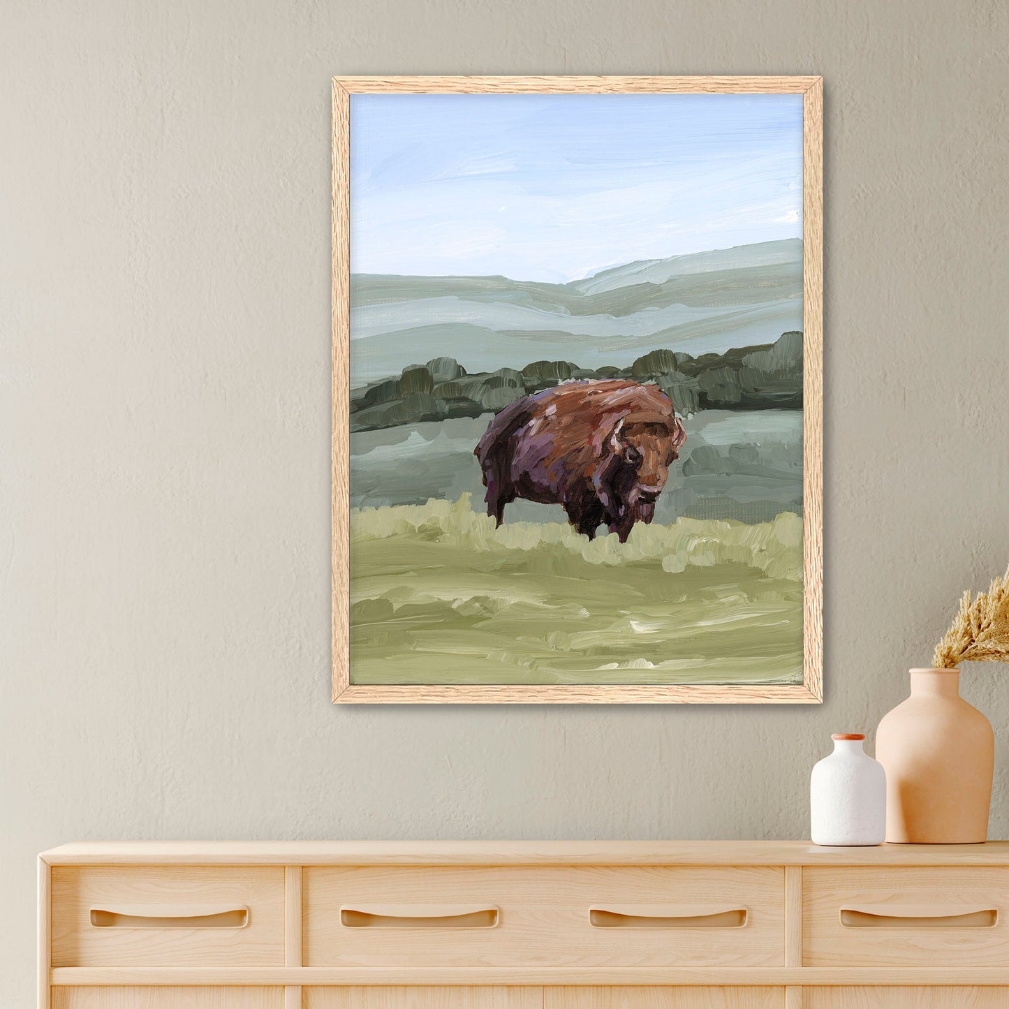 ’Solitude’ Art Print - Paper / 5x7 in / Oak Frame - Bison Rocky Mountain - animals - Artwork - buffalo