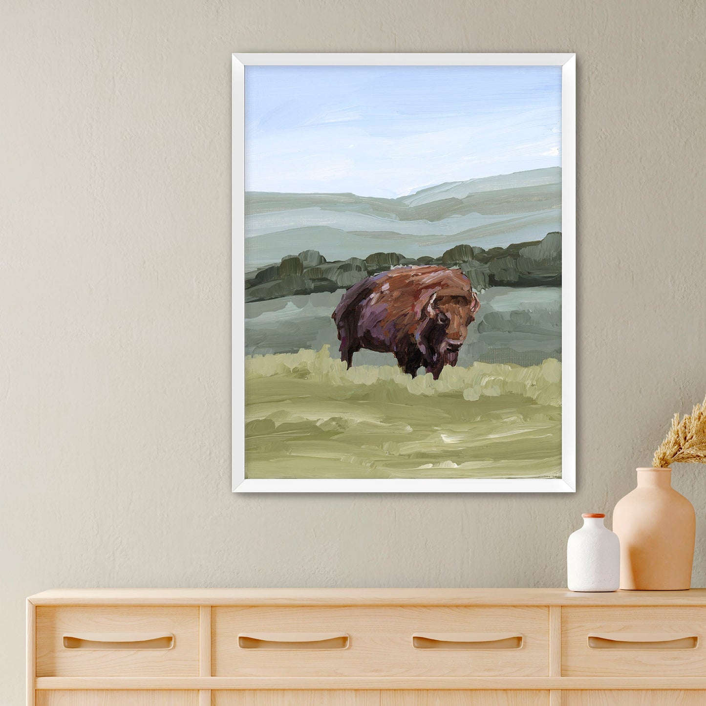 ’Solitude’ Art Print - Paper / 5x7 in / White Frame - Bison Rocky Mountain - animals - Artwork - buffalo