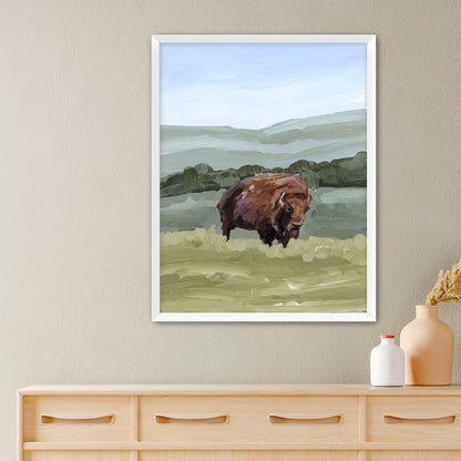 ’Solitude’ Art Print - Paper / 5x7 in / White Frame - Bison Rocky Mountain - animals - Artwork - buffalo