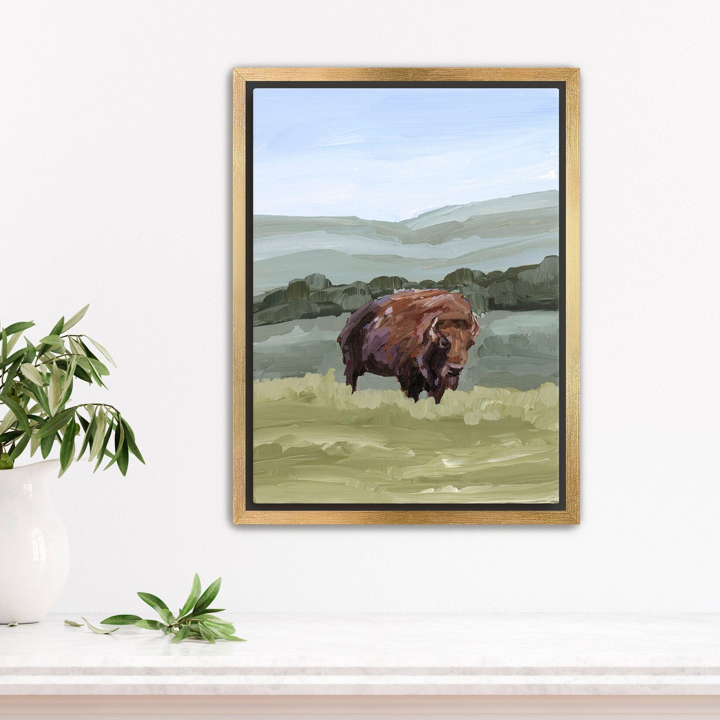 ’Solitude’ Art Print - Stretched Canvas / 8x10 in / Gold Frame - Bison Rocky Mountain - animals - Artwork - buffalo