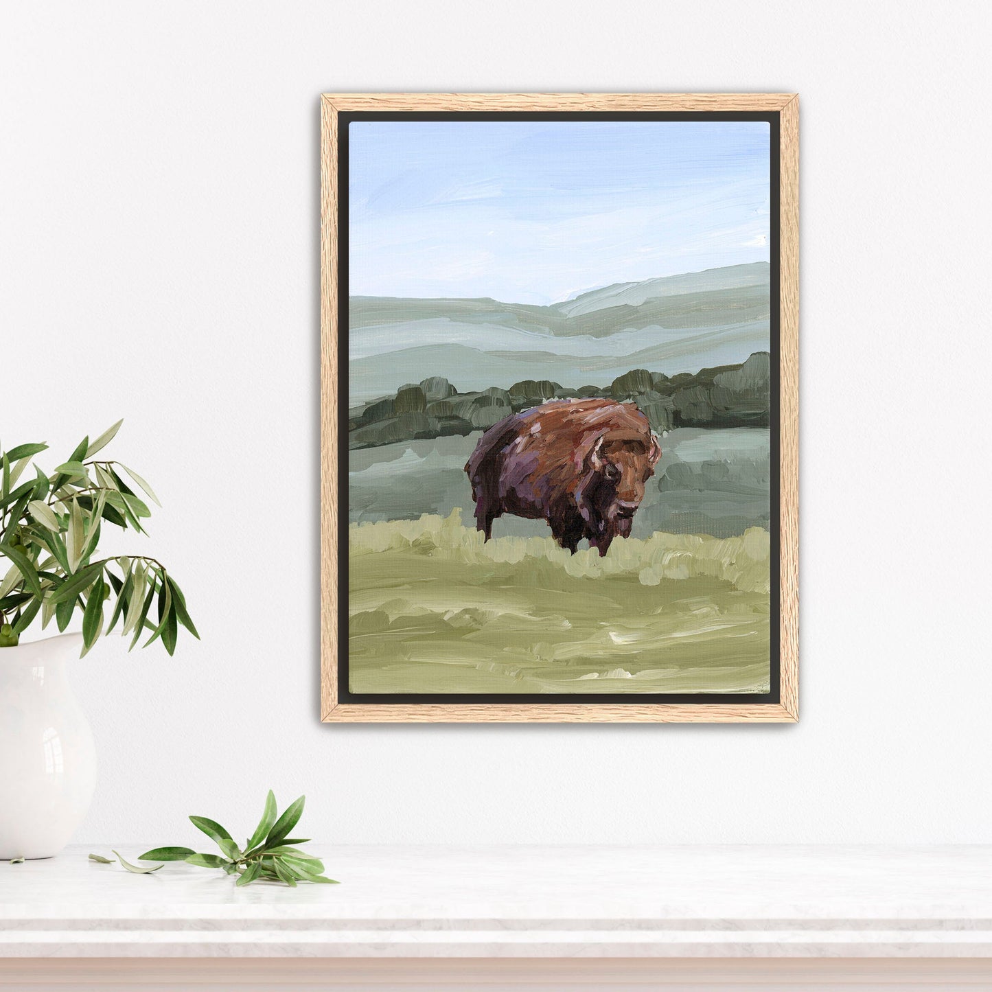 ’Solitude’ Art Print - Stretched Canvas / 8x10 in / Oak Frame - Bison Rocky Mountain - animals - Artwork - buffalo