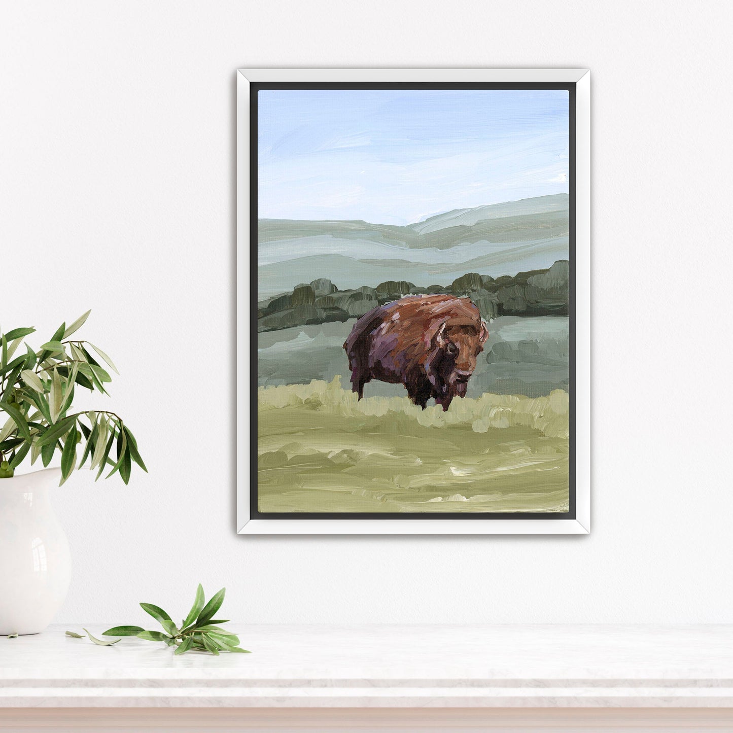 ’Solitude’ Art Print - Stretched Canvas / 8x10 in / White Frame - Bison Rocky Mountain - animals - Artwork - buffalo