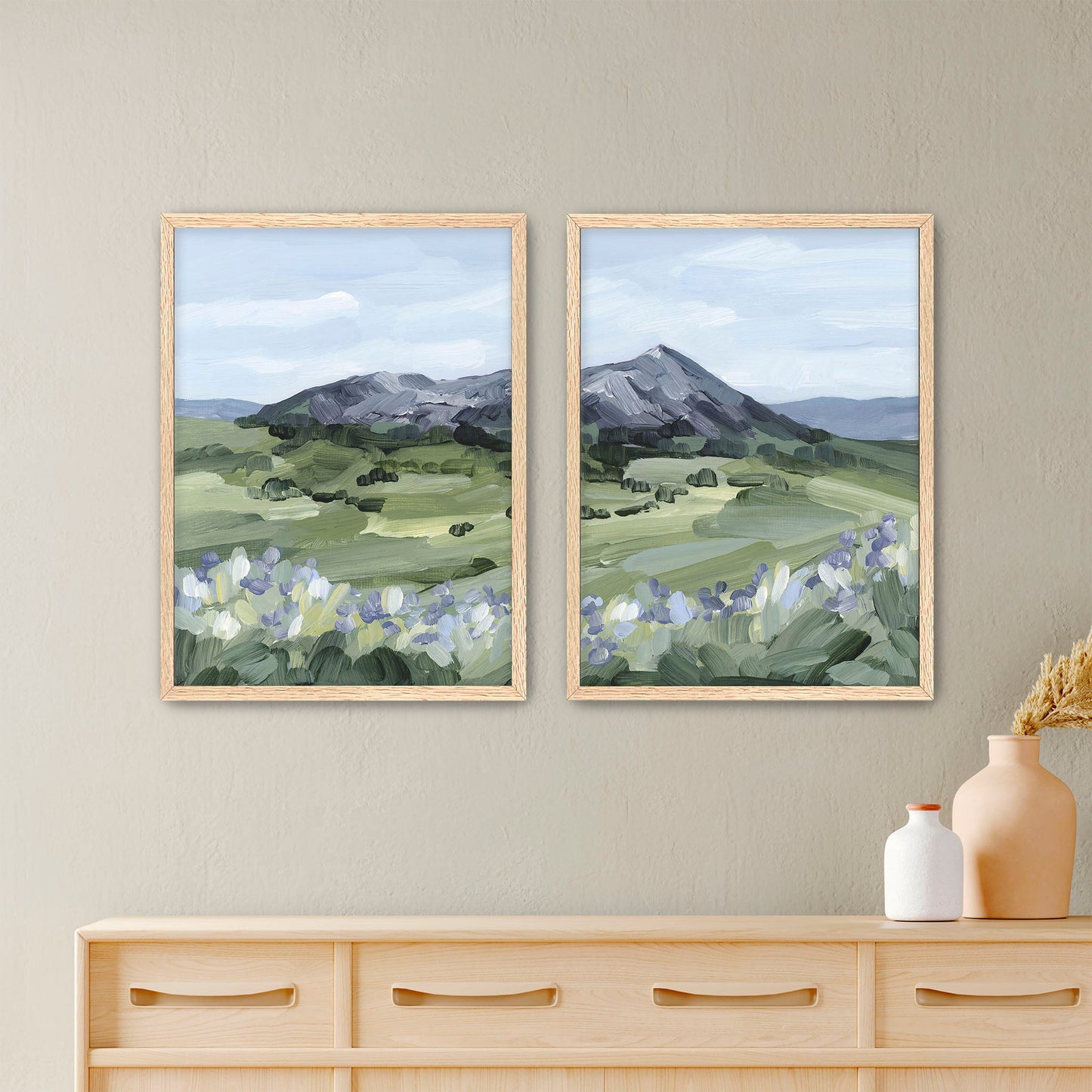 ’Summer Mountain’ Diptych Art Print || Set of 2 - Paper / 5x7 in / Oak Frame