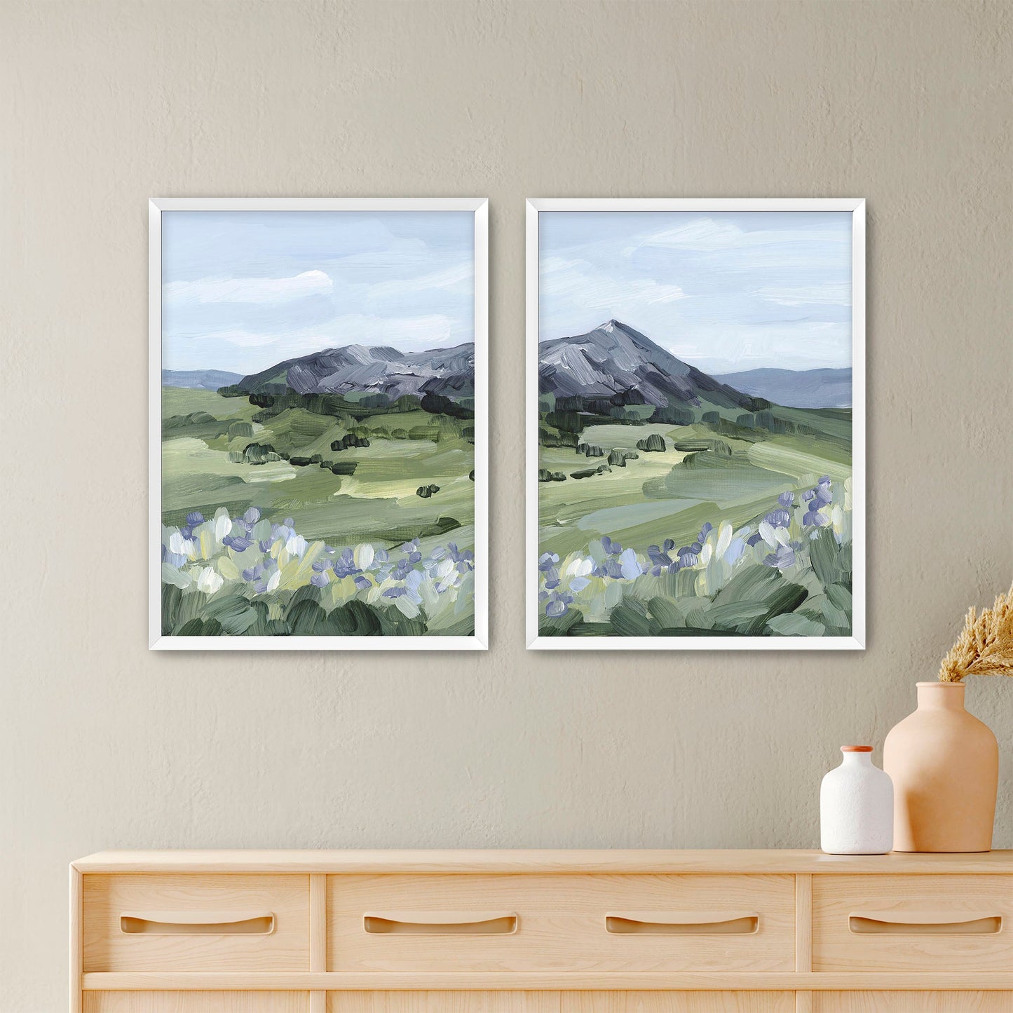 ’Summer Mountain’ Diptych Art Print || Set of 2 - Paper / 5x7 in / White Frame