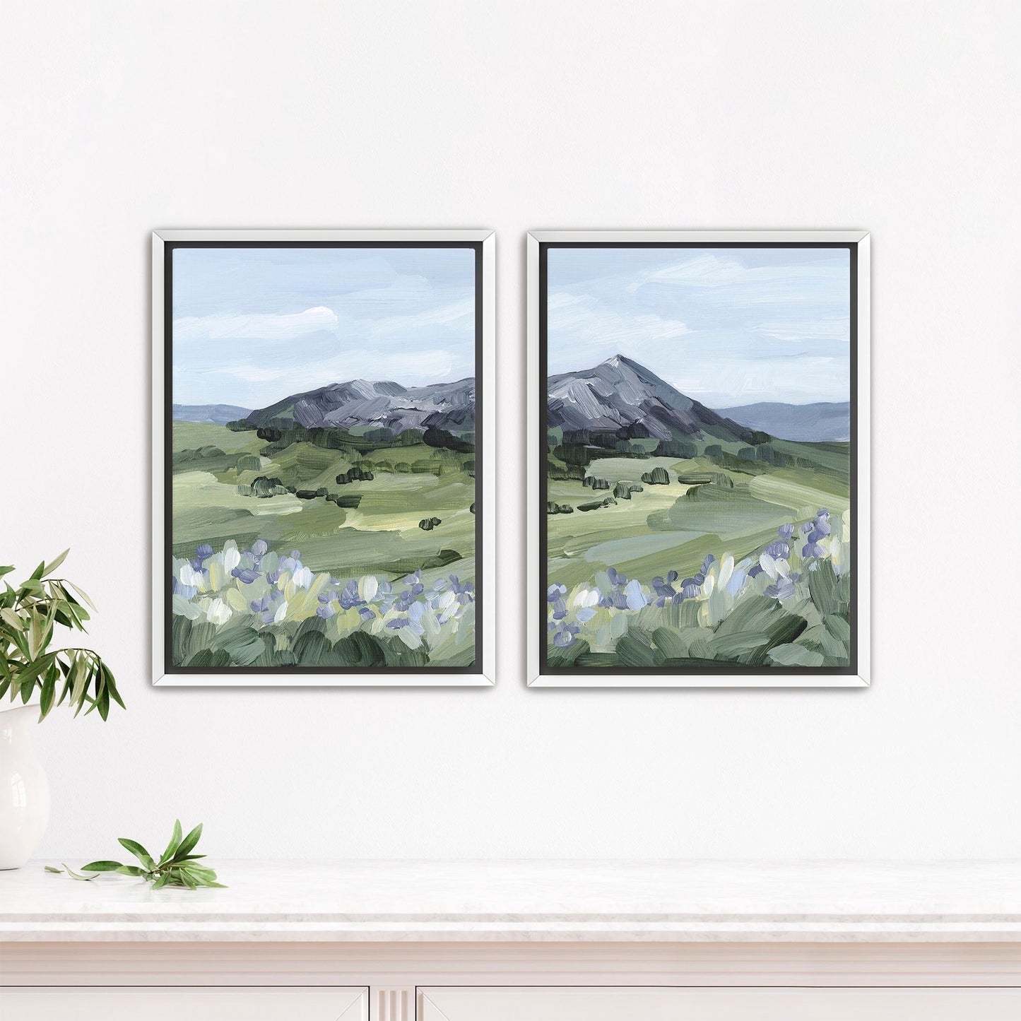 ’Summer Mountain’ Diptych Art Print || Set of 2 - Stretched Canvas / 8x10 in / White Frame - abstract - Artwork