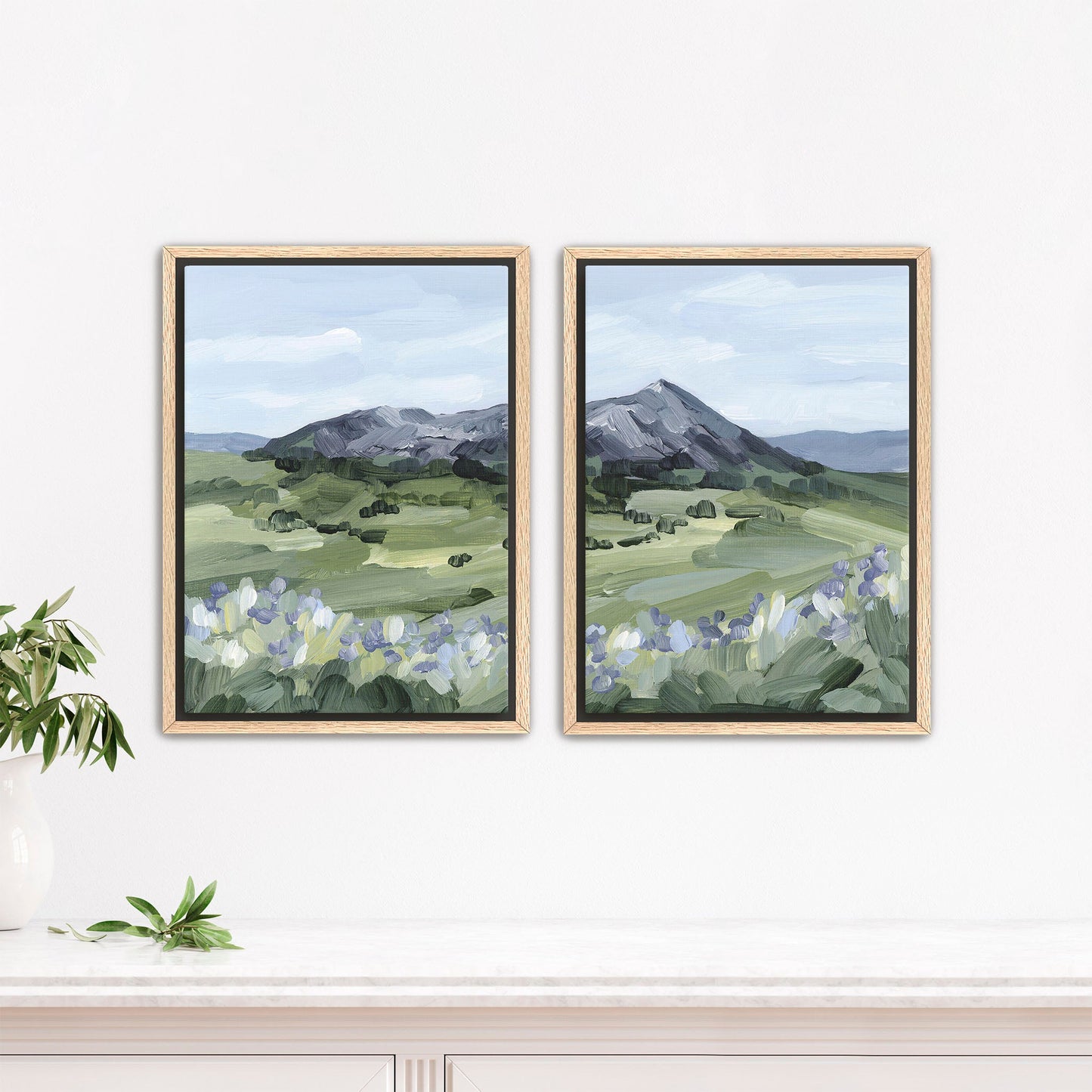 ’Summer Mountain’ Diptych Art Print || Set of 2 - Stretched Canvas / 8x10 in / Oak Frame